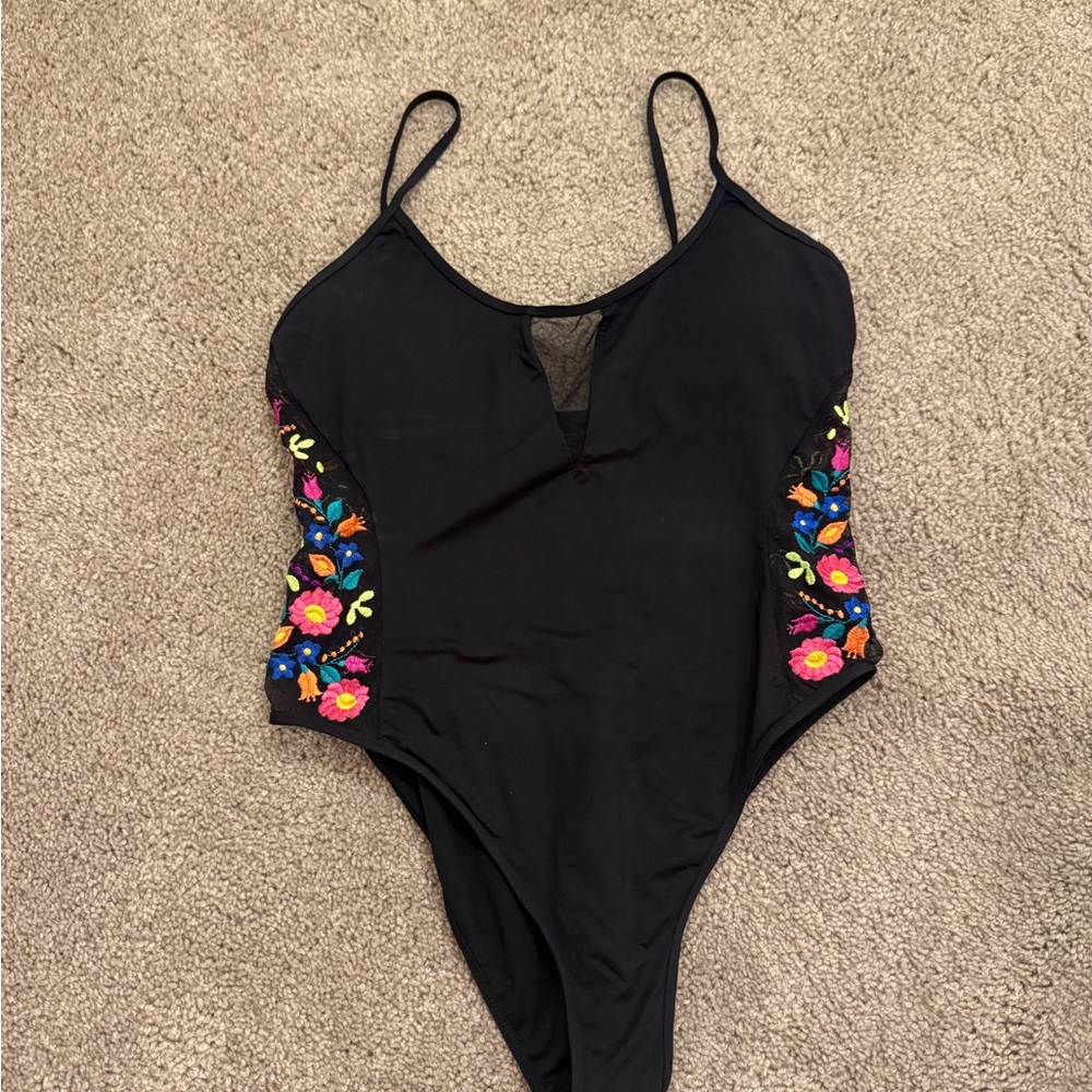Floral Embroidered Black Women’s One Piece